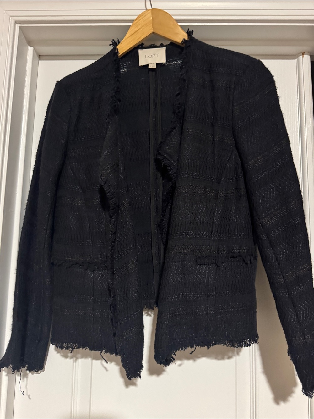 LOFT Black Frayed Open-Front Blazer